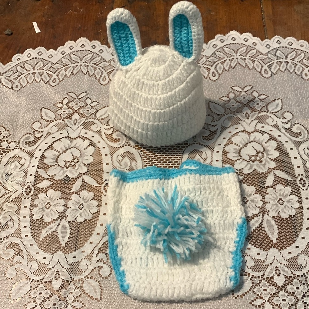 🔥3/$30🔥NWOT BUNNY costume Newborn Sz hand crochet infant boy girl gift Photo